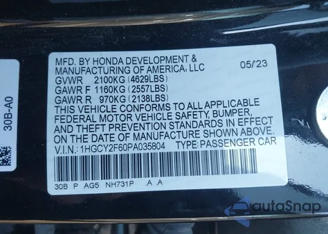 2023 Honda Accord Hybrid Ex-L from USA, damaged, VIN 1HGCY2F60PA035804